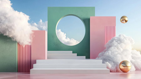 Vibrant abstract composition featuring geometric shapes, soft clouds, and reflective spheres. Perfect for art, design, or modern aesthetics in photography.の素材