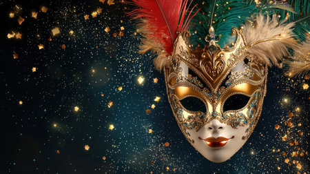 Discover the elegance of a carnival mask adorned with feathers, glimmering against a festive background. Perfect for themes of celebration and mystery!の素材