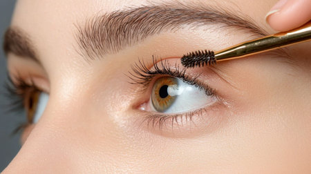 A close-up view of a woman applying mascara to enhance her eyelashes, showcasing a beauty routine with focus on eye makeup and personal care.の素材