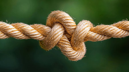 This close-up image showcases a secure rope knot, emphasizing the intertwined fibers against a blurred green backdrop, highlighting craftsmanship and strength.の素材