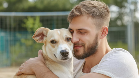 A joyous moment captured as a man embraces his dog in a sunny park. Their genuine smiles highlight the bond and affection shared between them, creating a heartwarming scene.の素材