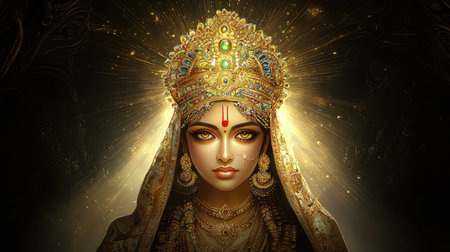 This captivating portrait of a goddess showcases intricate jewelry and a radiant glow, embodying beauty and spirituality. Ideal for cultural and artistic themes.の素材