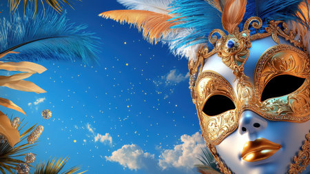 A stunning close-up of an elegant mask adorned with feathers against a vibrant blue sky, perfect for capturing the essence of celebration and mystery.の素材
