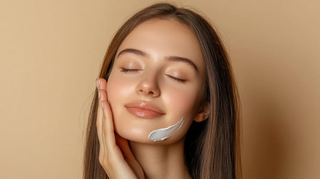 A serene young woman enjoys her skincare routine, applying a gentle cream on her face. She exudes happiness and wellness, embodying natural beauty.の素材
