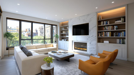 A modern living room featuring a cozy sectional sofa, stylish orange chairs, large windows offering scenic views, and an elegant fireplace, creating a bright and inviting space.の素材
