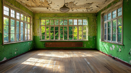 This abandoned room showcases striking green walls and beautiful sunlight streaming through the large windows, creating a tranquil atmosphere of decay and forgotten beauty.の素材