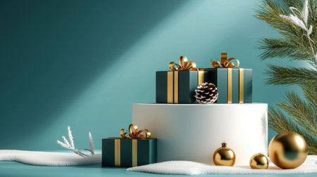 A serene winter scene featuring beautifully wrapped holiday gifts adorned with gold accents, nestled among pine branches and sparkling ornaments, evoking warmth and joy.の素材