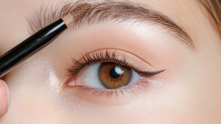 Close-up view of a woman applying eyebrow pencil for a natural makeup look, showcasing beauty techniques and tools for enhancing facial features effectively.の素材