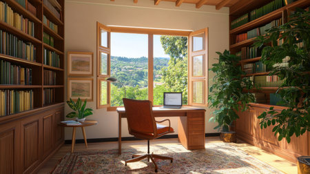 A beautifully designed home office featuring wooden furniture, large windows, and scenic nature views. Perfect space for work, reading, and relaxation.の素材