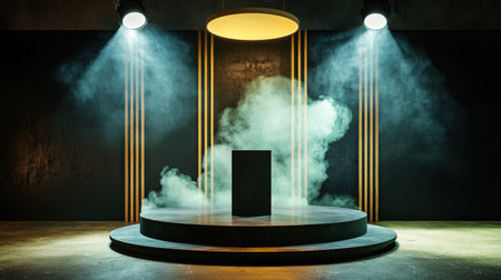 A striking futuristic podium set against dramatic lighting and swirling fog, ideal for product showcases, artistic displays, or digital presentations.の素材