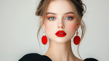 A stunning portrait of a young woman with captivating blue eyes and bold red lips. She wears elegant earrings, showcasing beauty and confidence.の素材
