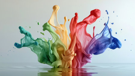 A stunning splash of colorful paint in water, creating dynamic and vibrant swirls. Ideal for artistic backgrounds or design elements to inspire creativity.の素材