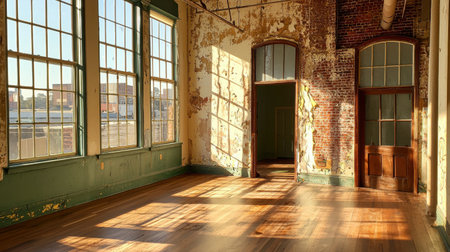 A beautifully lit empty room revealing rustic walls and large windows, showcasing natural light and shadows, perfect for art and photography projects.の素材