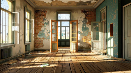 A stunning view of an abandoned room showcasing peeling walls and a sunlit wooden floor. The details highlight decay and vintage charms, ideal for art projects.の素材