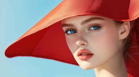 A captivating portrait of a young woman in a bright red hat, set against a serene blue sky. The image highlights her striking features, vibrant makeup, and natural beauty.の素材