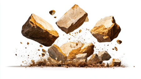 A dynamic scene showing rocks breaking apart and scattering dust and debris. The image captures the moment of impact, showcasing the raw power and energy of nature.の素材