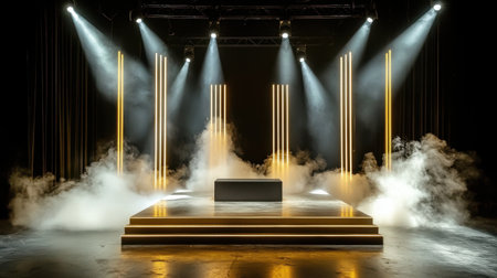 A stunning stage setup featuring illuminated vertical lights and a fog effect, creating a captivating atmosphere ideal for live performances or presentations.の素材