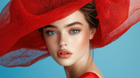 Stunning portrait of a young model featuring a bold red hat and flawless makeup. The image captures her captivating eyes and elegant style against a soft blue background.の素材