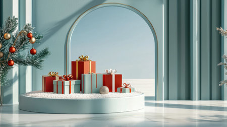 Bright festive scene featuring colorful gifts and holiday decorations in a serene indoor space, perfect for conveying warmth and joy of the season.の素材