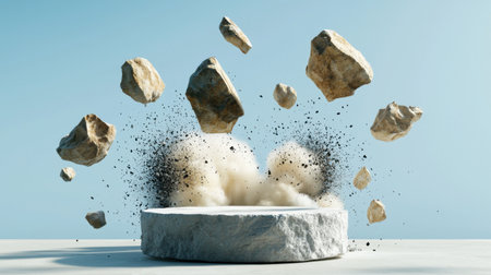 Dynamic rocks erupt from a surface, creating an explosive effect. Dust and debris cloud the scene, capturing the energy and motion of the impact.の素材