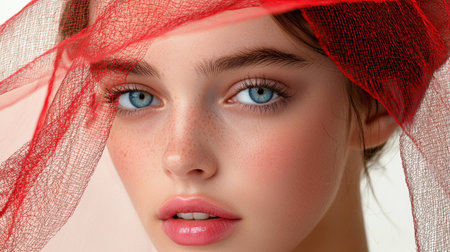 A captivating close-up portrait of a young woman with stunning blue eyes, adorned in a delicate red veil, showcasing natural beauty and serenity.の素材