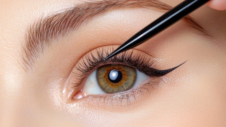 Close-up view of eye makeup application featuring a precise eyeliner tool. The image captures the intricate details of the eye, showcasing beauty and elegance.の素材