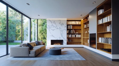 This modern living room features large windows that fill the space with natural light. The elegant fireplace and minimalist design create a cozy yet stylish atmosphere.の素材
