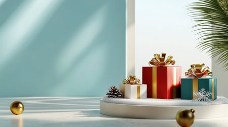 This image features vibrant Christmas gifts beautifully arranged on a decorative platform. The bright colors and elegant bows create a festive atmosphere perfect for holiday celebrations.の素材