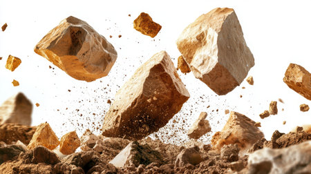 An action-filled scene showing rocks and dust flying through the air, emphasizing movement and energy. Perfect for nature and geology themes.の素材