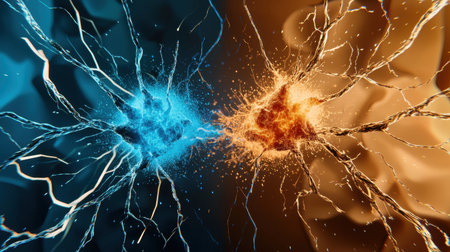 Vibrant energy bursts in blue and orange contrast beautifully against a soft nebula background, creating a captivating abstract design full of dynamic movement.の素材