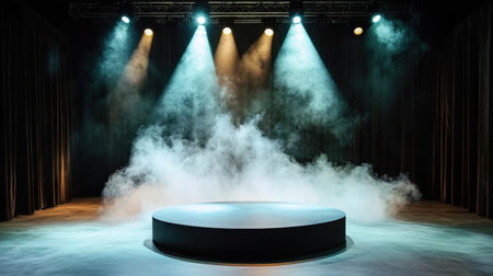 A captivating theater stage featuring spotlights and fog, perfect for artistic performances. The scene showcases an empty circular stage with a dramatic ambiance.の素材