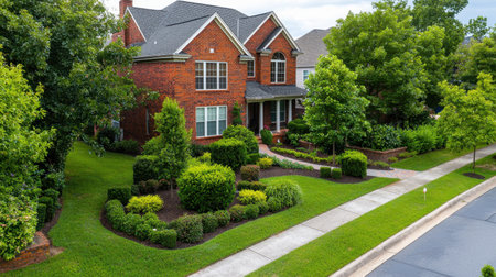 A stunning red brick house with an inviting front yard featuring manicured gardens and lush greenery, creating a tranquil residential paradise.の素材