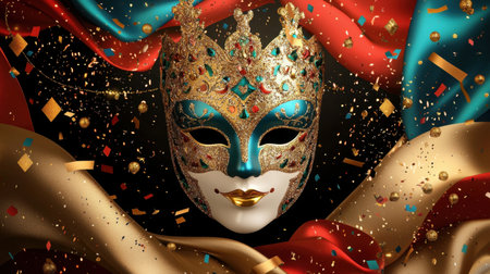 An exquisite Venetian mask adorned with colorful gems and intricate designs, set against a festive backdrop. Perfect for celebrations or artistic displays.の素材