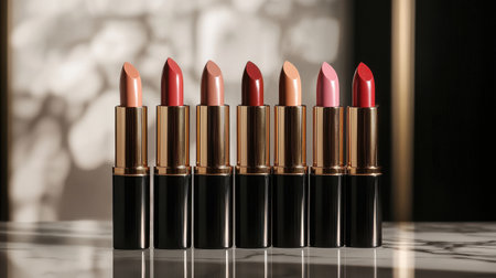 A stunning array of lipsticks in diverse shades elegantly displayed on a sleek surface, showcasing beauty and fashion trends perfect for any makeup enthusiast.の素材