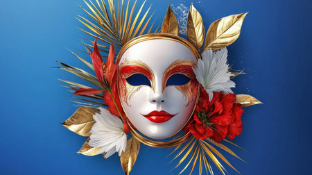 A vibrant carnival mask adorned with flowers and leaves, showcasing intricate designs. Perfect representation of festive celebration and artistic expression.の素材