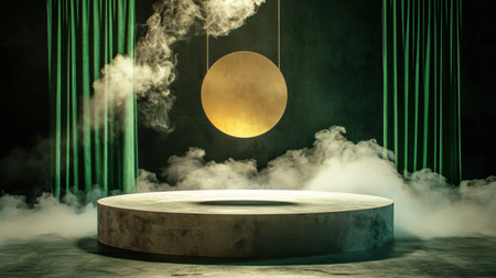Explore a captivating stage design featuring a floating sphere amidst fog and green curtains, creating an ethereal atmosphere perfect for artistic presentations.の素材