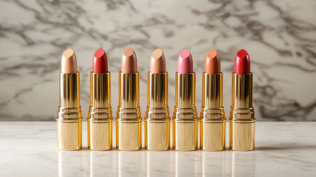 A stunning display of lipsticks in gold tubes showcases a variety of colors, perfect for any makeup lover. Ideal for beauty advertisements or editorial content.の素材