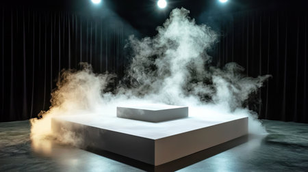 A captivating stage design featuring dramatic smoke and lighting creates an engaging atmosphere for performance art or presentations, enhancing visual appeal.の素材