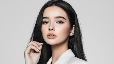 A captivating portrait of a young woman with long black hair, showcasing soft makeup and a confident pose. The minimalist background highlights her elegant features and expressive eyes.の素材