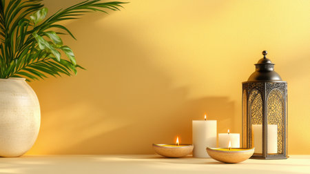 A cozy interior scene showcasing candles and a decorative lantern. A green plant adds freshness to the warm yellow backdrop, creating a peaceful atmosphere ideal for relaxation.の素材