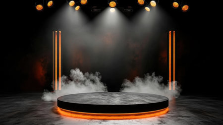 Captivating stage setup featuring spotlights and smoke, perfect for performances or events. The illuminated platform creates a dynamic and engaging atmosphere.の素材