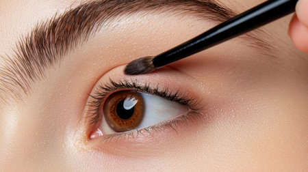 A detailed close-up of a cosmetic brush applying makeup on a woman's eyelid. This image highlights beauty techniques, showcasing precision in artistry and skin texture.の素材