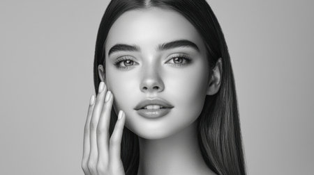 This stunning monochrome portrait captures the essence of a young woman's natural beauty, highlighting her smooth skin and elegant features. The minimalist composition emphasizes soft tones and a serene expression.の素材