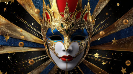 This stunning image features an elegant mask adorned with a gold crown against a vibrant starburst background, symbolizing celebration and artistry.の素材