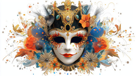 This captivating carnival mask features intricate floral designs and vibrant colors, evoking a festive atmosphere perfect for celebrations and artistic expression.の素材
