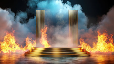 A stunning stage featuring elegant golden columns engulfed by vibrant flames and ethereal smoke, creating a dramatic atmosphere perfect for performances.の素材