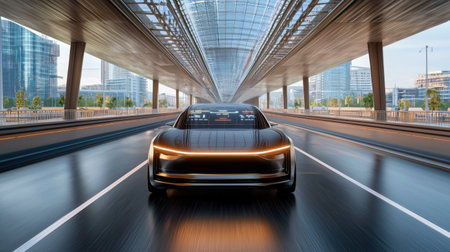 A sleek and futuristic electric vehicle glides through a modern urban highway. The scene showcases innovative design, advanced technology, and a vibrant cityscape in motion.の素材