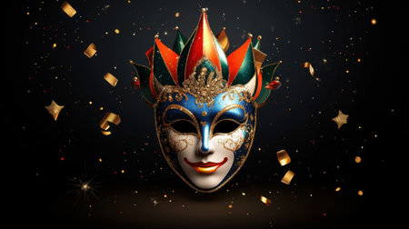 A stunning colorful Venetian mask adorned with intricate designs, set against a glittering background with confetti, perfect for festive celebrations and artistic themes.の素材