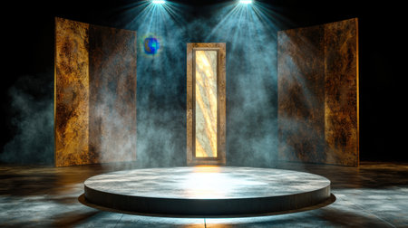 Artistic stage setup featuring a round platform illuminated by spotlights and surrounded by textured panels emitting smoke, creating a dramatic ambiance for presentations or performances.の素材