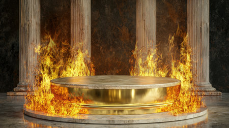 A stunning golden platform radiates light amid roaring flames, set against an ancient backdrop of majestic columns. This dramatic scene evokes energy and mystique.の素材